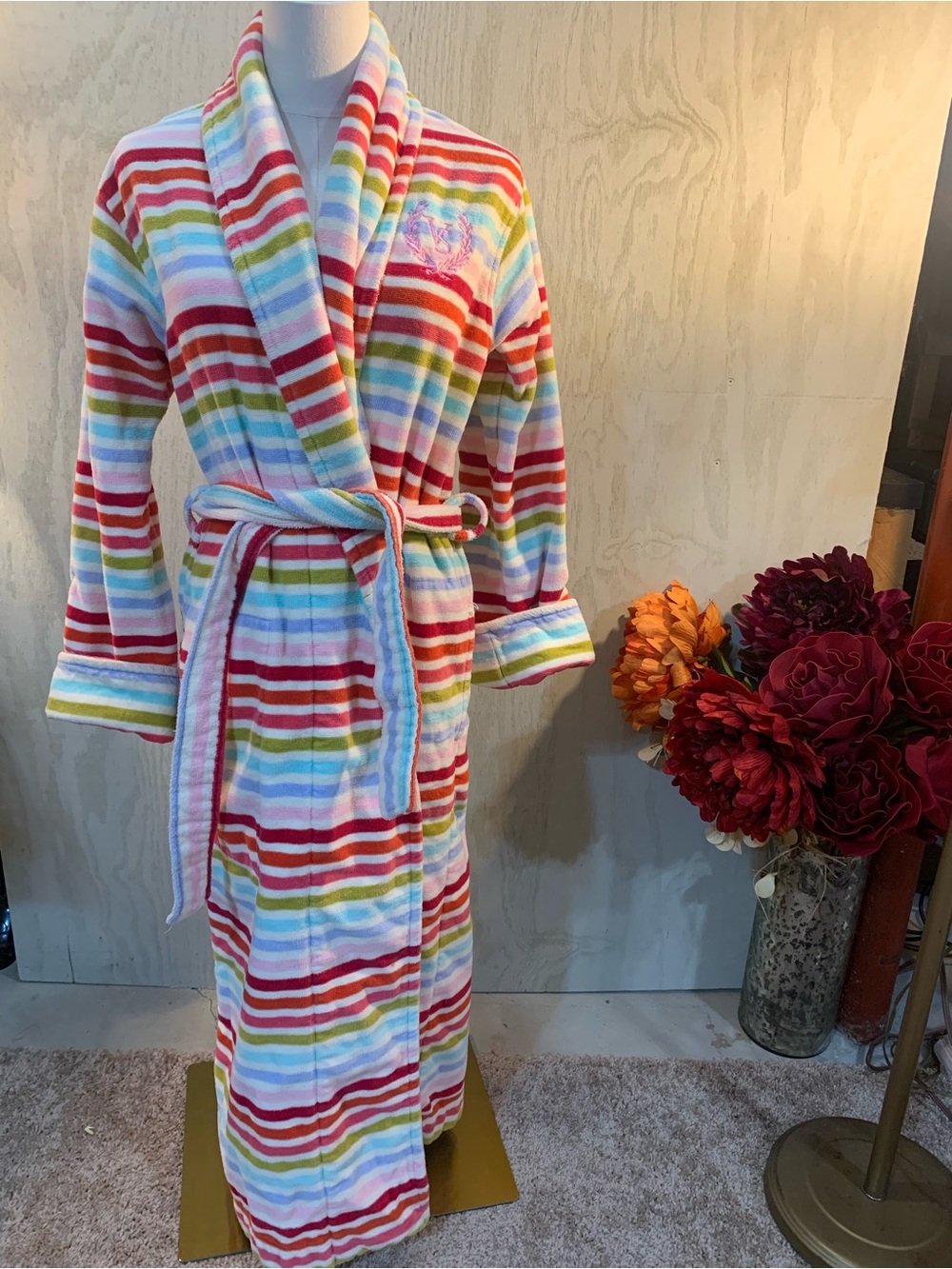 Victoria Secret Striped  Multicolor Plush Bathrobe - Cozy Rainbow Stripes
